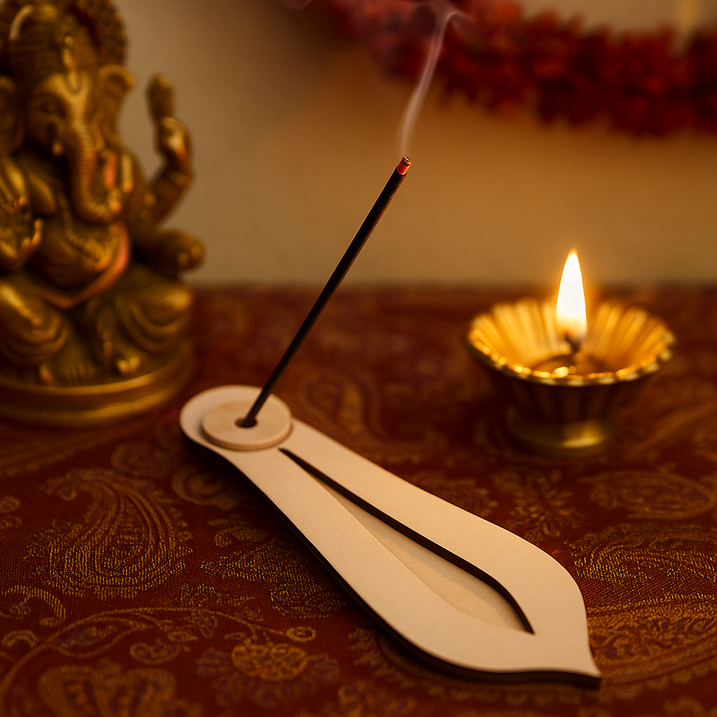 MDF teardrop incense holder with burning agarbatti and lit diya in background