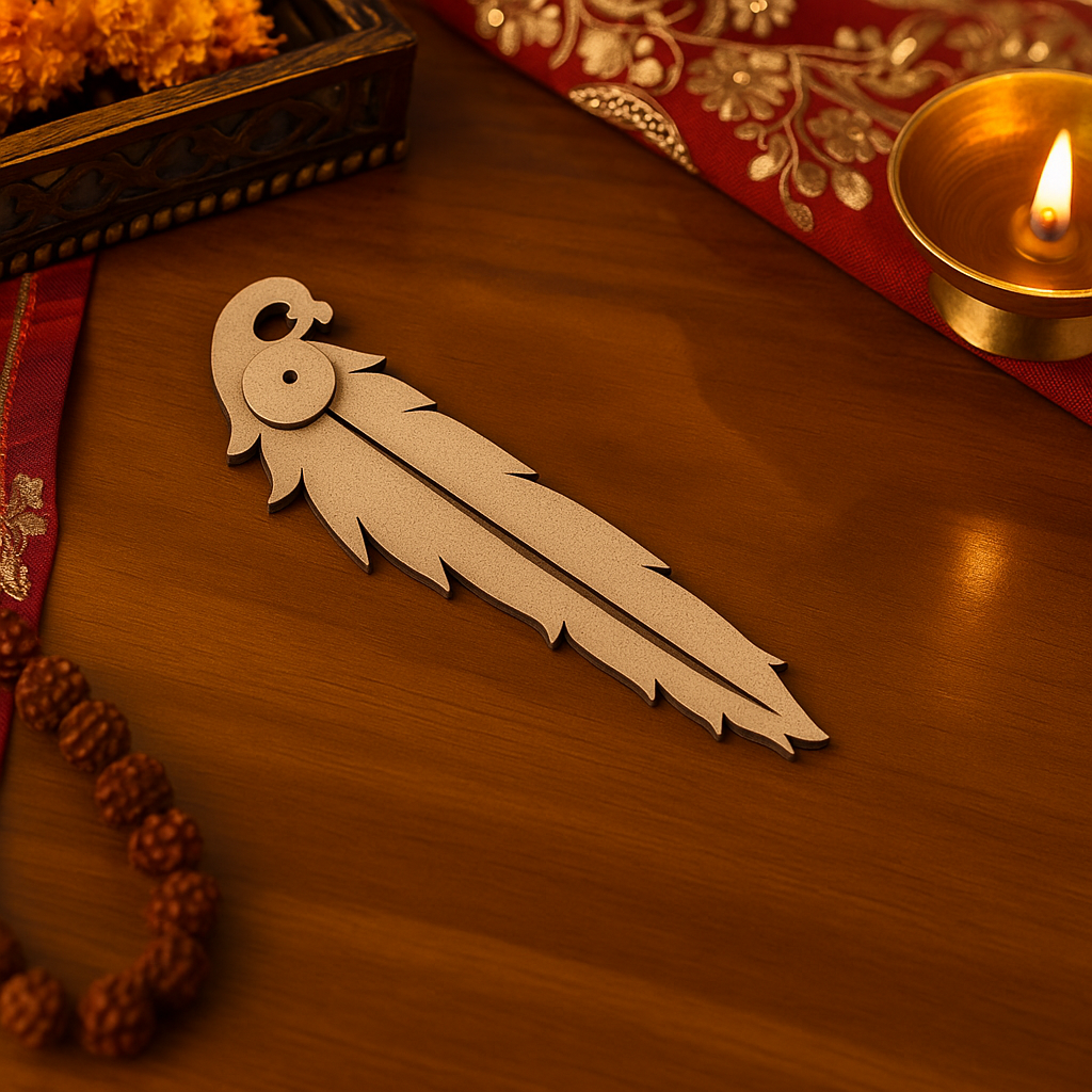 MDF feather-shaped incense holder on wooden surface with diya and rudraksha mala