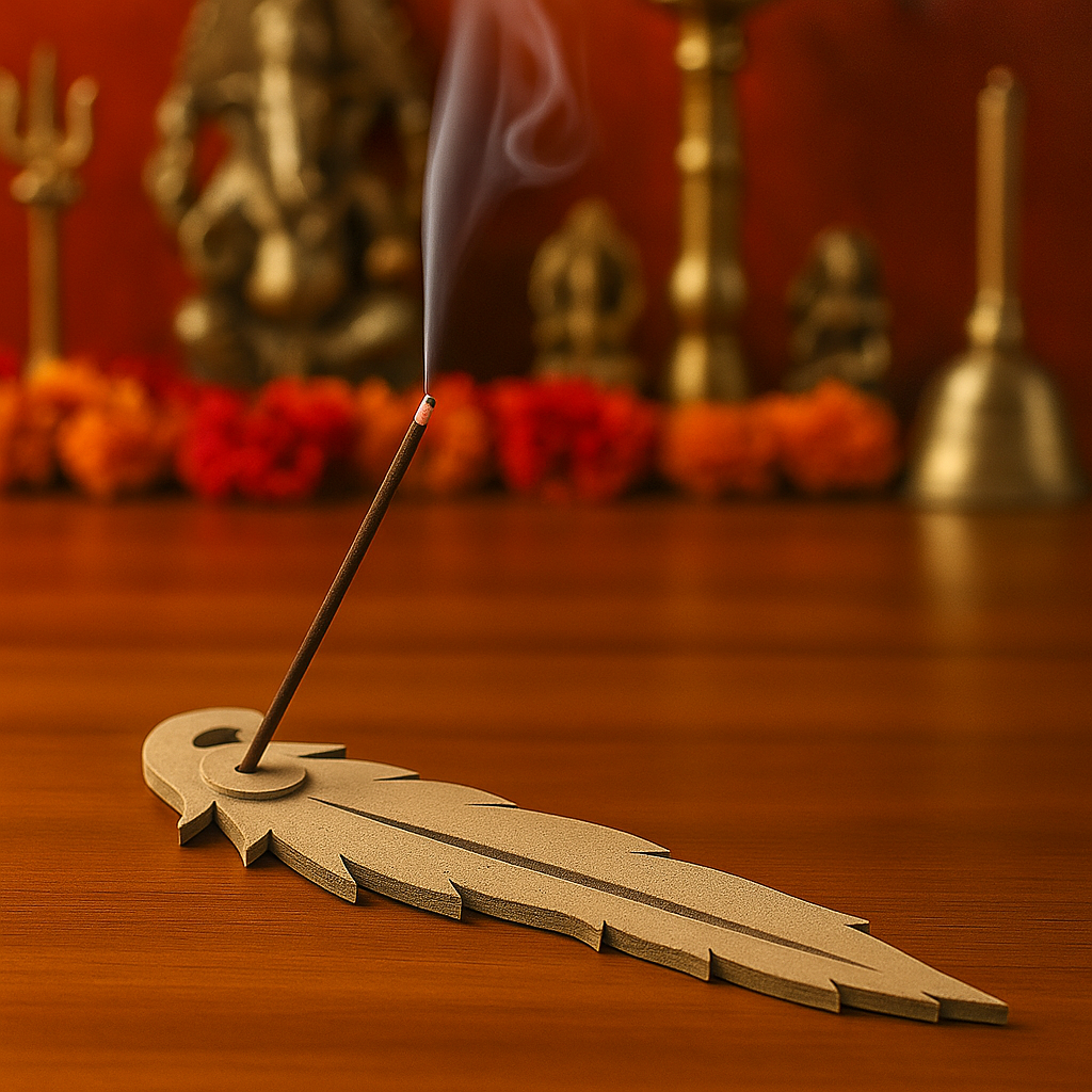 MDF feather-shaped incense holder on wooden surface with diya and rudraksha mala