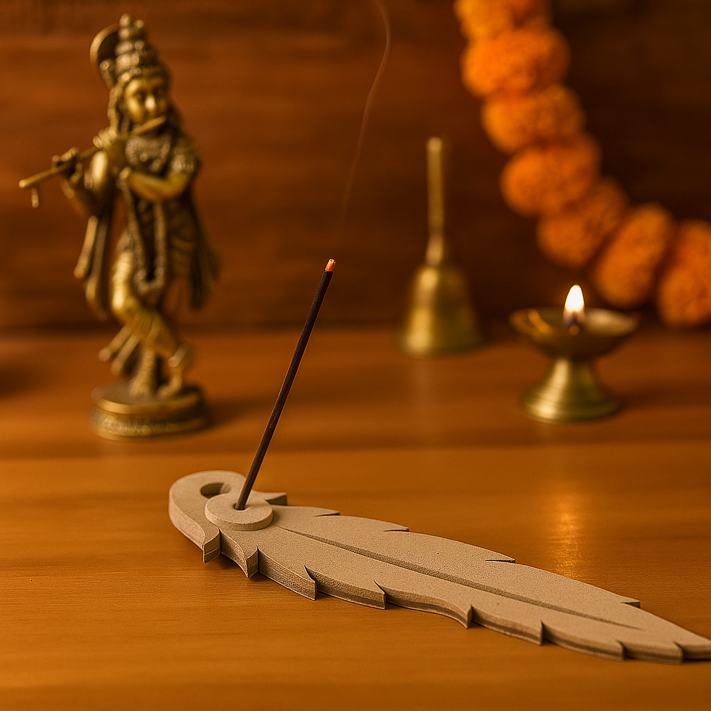 MDF feather-shaped incense holder on wooden surface with diya and rudraksha mala