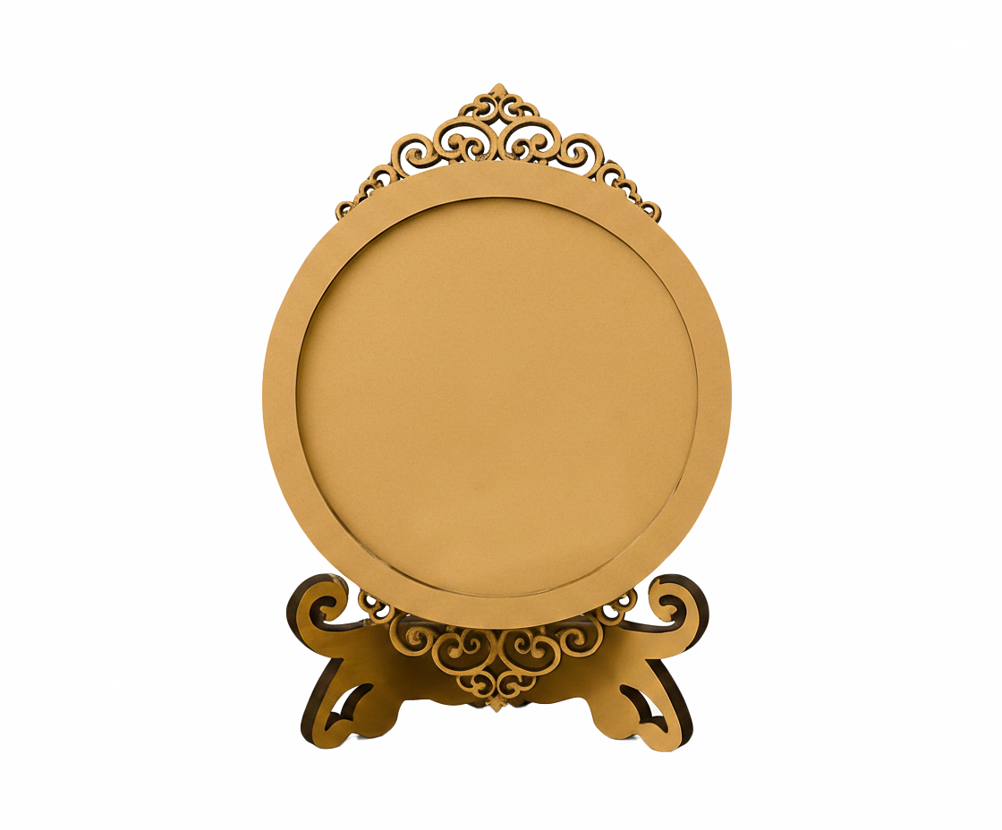 Decorative MDF circular photo frame with intricate designs on a white background