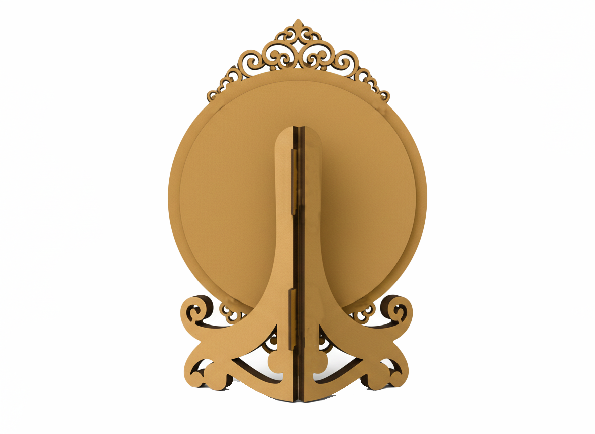 Decorative gold stand with round Photo frame on a white background