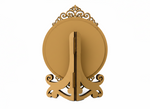 Decorative gold stand with round Photo frame on a white background