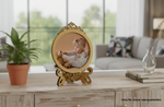 Decorative wooden photo frame on a table with a blurred background