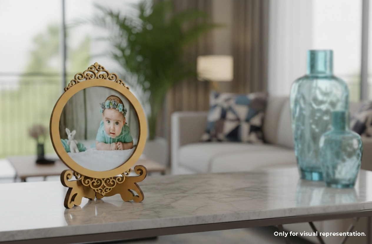 Decorative wooden photo frame with a baby photo on a table in a living room.