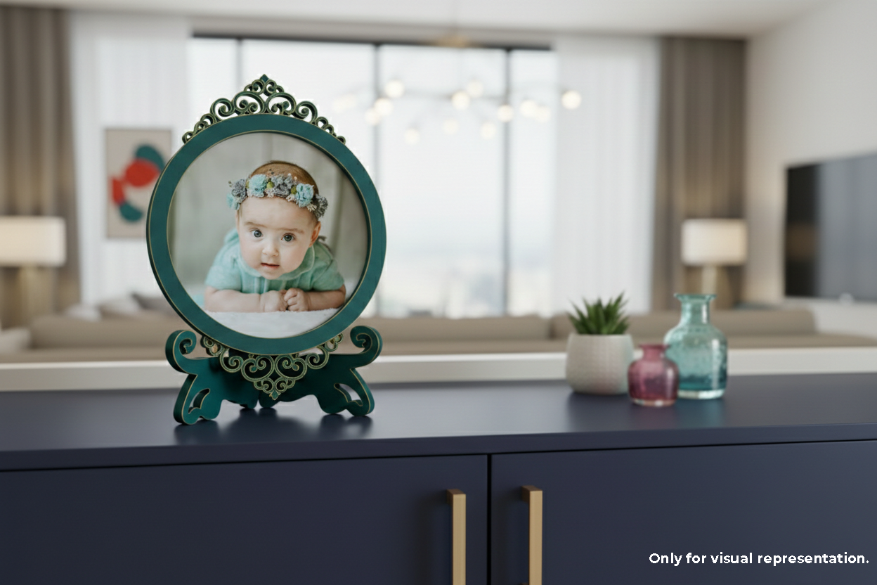 Decorative photo frame with a baby's picture on a shelf in a modern living room.