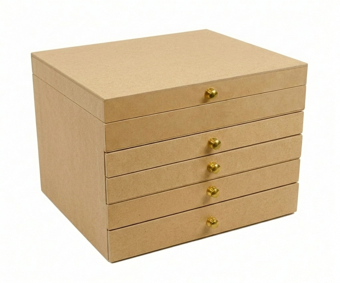 MDF DIY  jeweIlery box with gold knobs on a white background