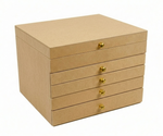 MDF DIY  jeweIlery box with gold knobs on a white background
