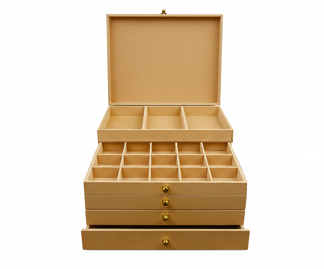 MDF DIY  jeweIlery box with compartments and drawers on a white background