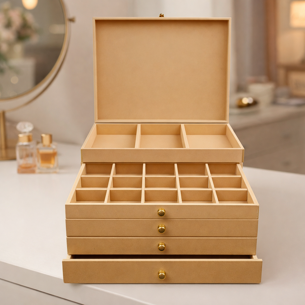 MDF DIY  jeweIlery box with compartments on a vanity table