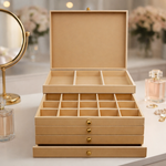 MDF DIY  jeweIlery box with compartments on a blurred background