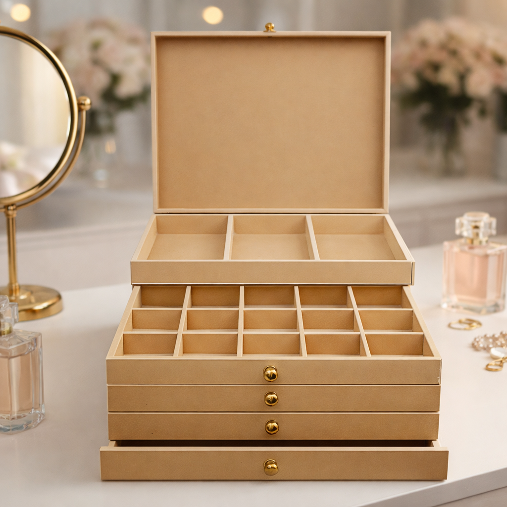 MDF DIY  jeweIlery box with compartments on a blurred background