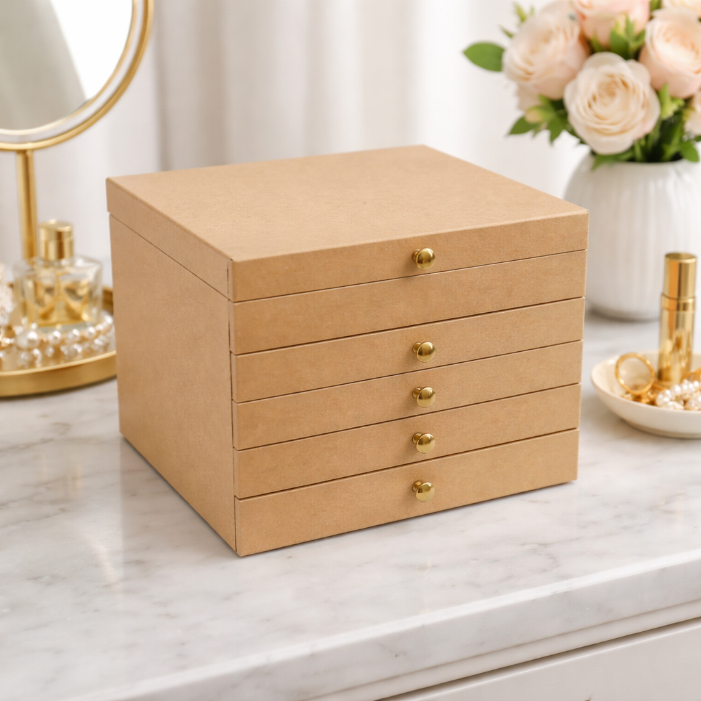 MDF DIY  jeweIlery box with gold knobs on a marble surface, surrounded by decorative items.
