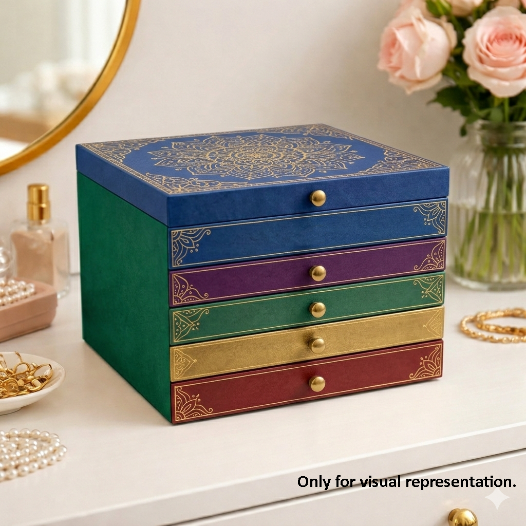 Colorful MDF DIY  jeweIlery box with decorative drawers on a table with flowers and jewelry.