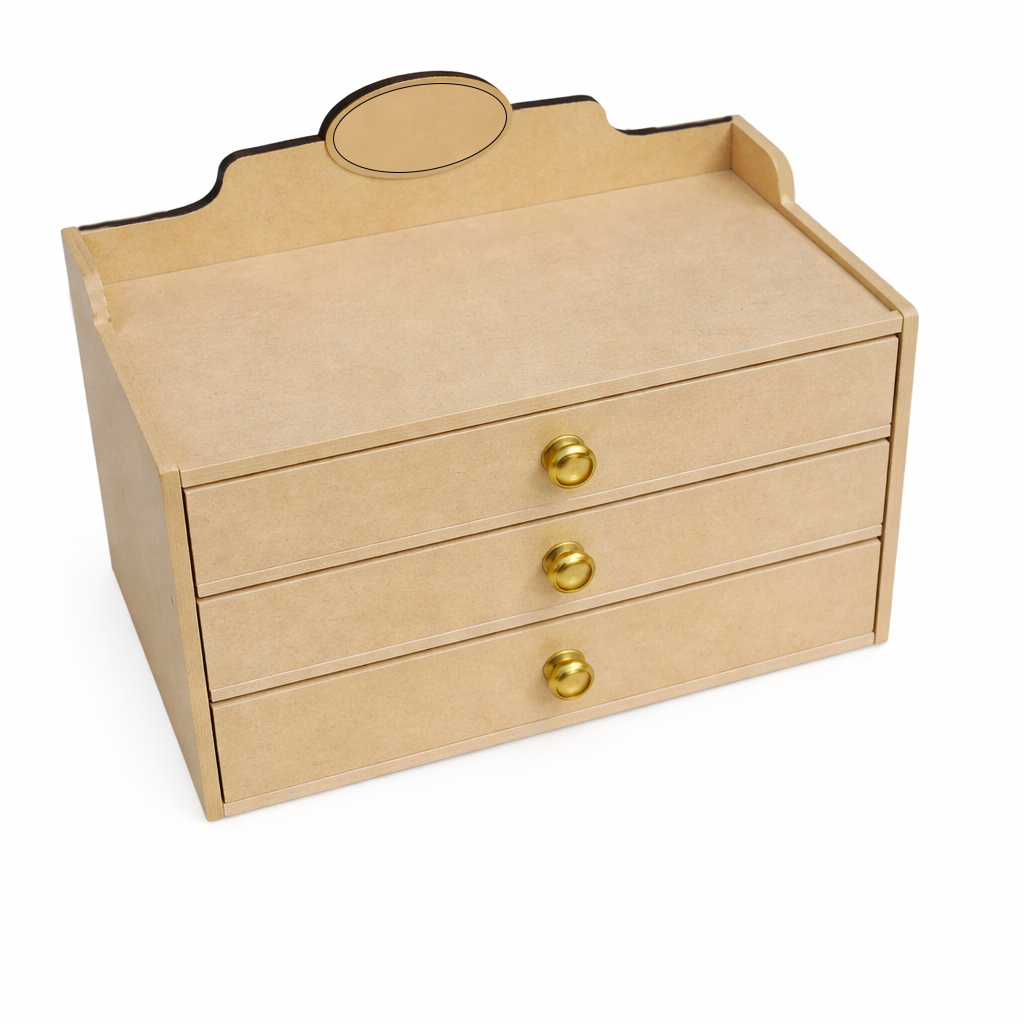MDF DIY  jeweIlery box with gold knobs on a white background