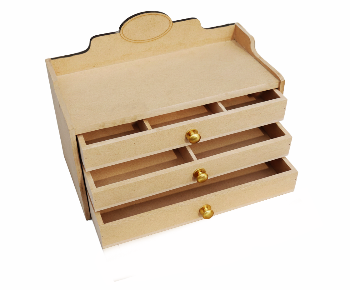 MDF DIY  jeweIlery box with gold knobs on a white background