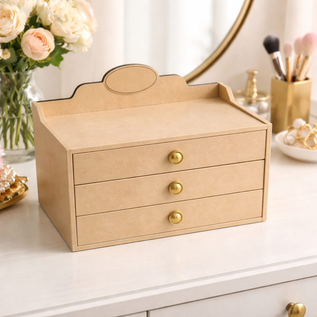 MDF DIY  jeweIlery box with gold knobs on a vanity table with decorative items.