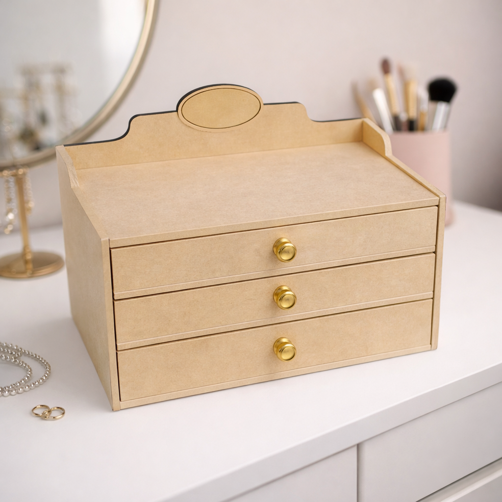 MDF DIY  jeweIlery box with gold knobs on a white surface