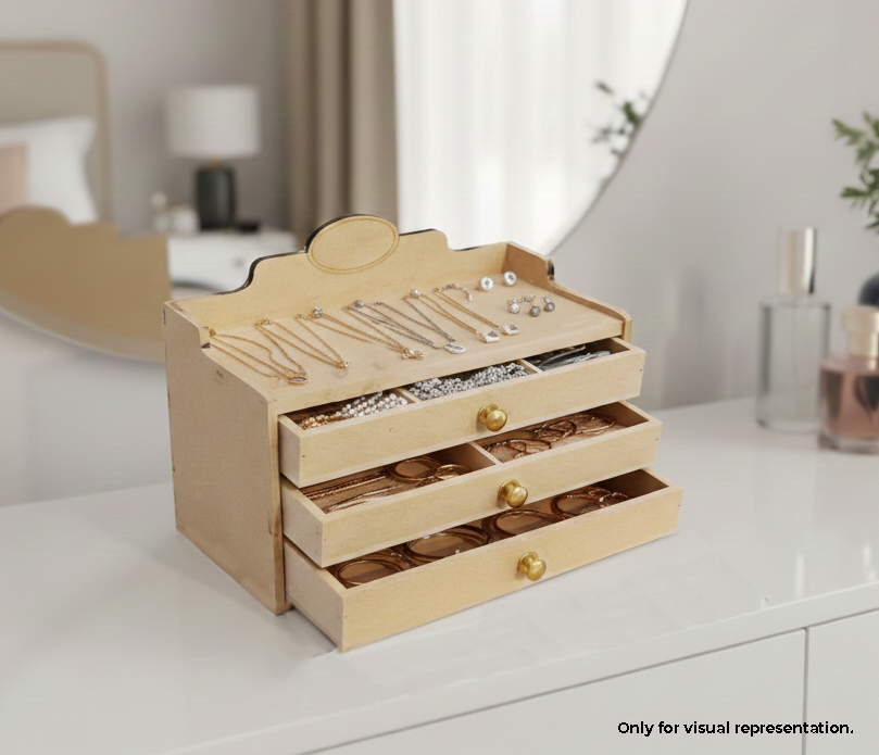 MDF DIY  jeweIlery box organizer with drawers on a white surface