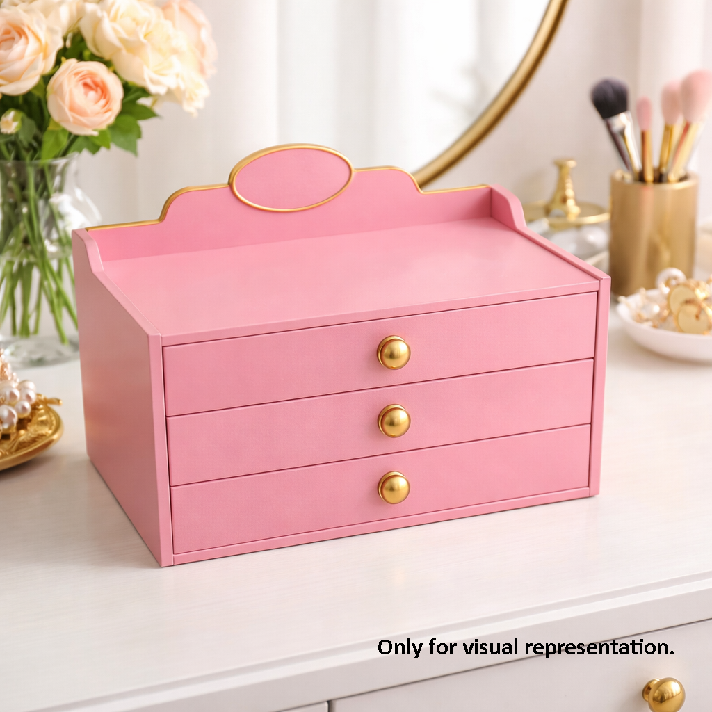 Pink MDF DIY  jeweIlery box with gold accents on a vanity table with decorative items.