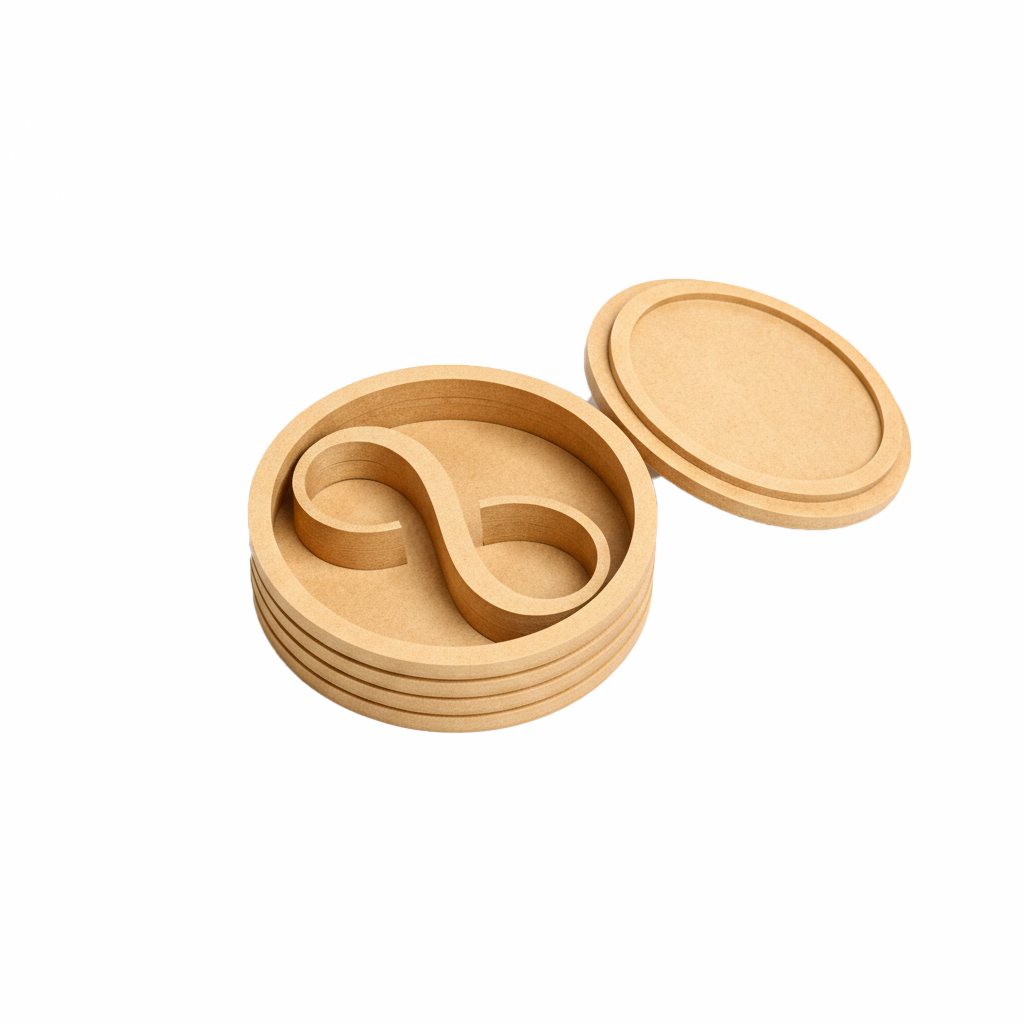 MDF DIY Jewellery Box with a central circular coaster and two oval coasters on a white background