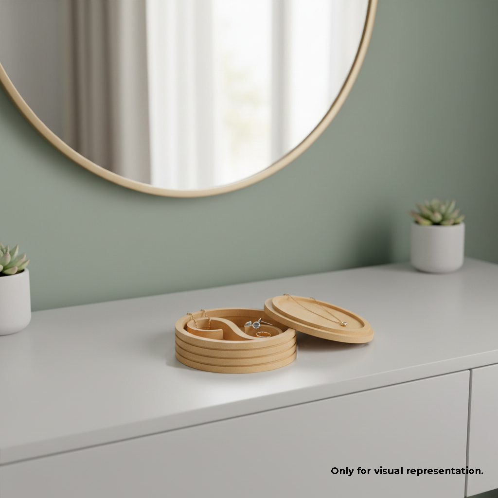 MDF DIY Jewellery Box on a dresser with a mirror and plants in the background