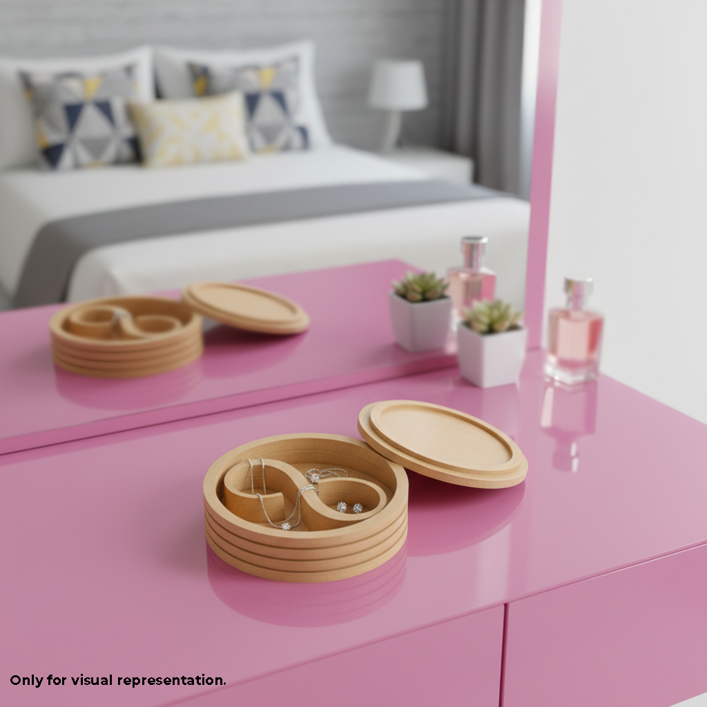 MDF DIY Jewellery Box on a pink dresser with a mirror and decorative items in the background.