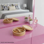 MDF DIY Jewellery Box on a pink dresser with a mirror and decorative items in the background.