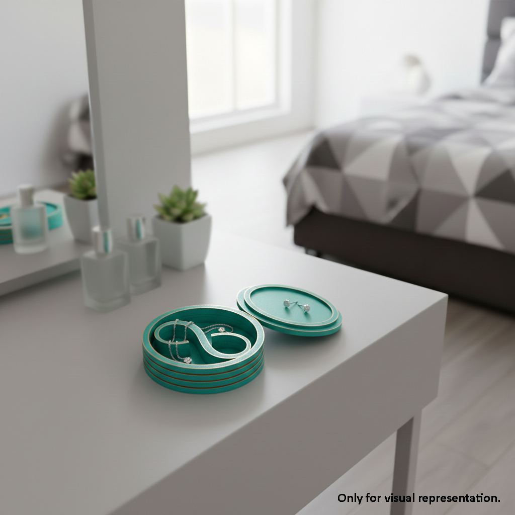 Green MDF DIY Jewellery Box on a nightstand with a bedroom background