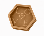 Hexagonal MDF DIY jewellery box with 'LOVE' engraving on a white background