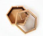Hexagonal MDF DIY Jewellery Box with a clear lid on a white background