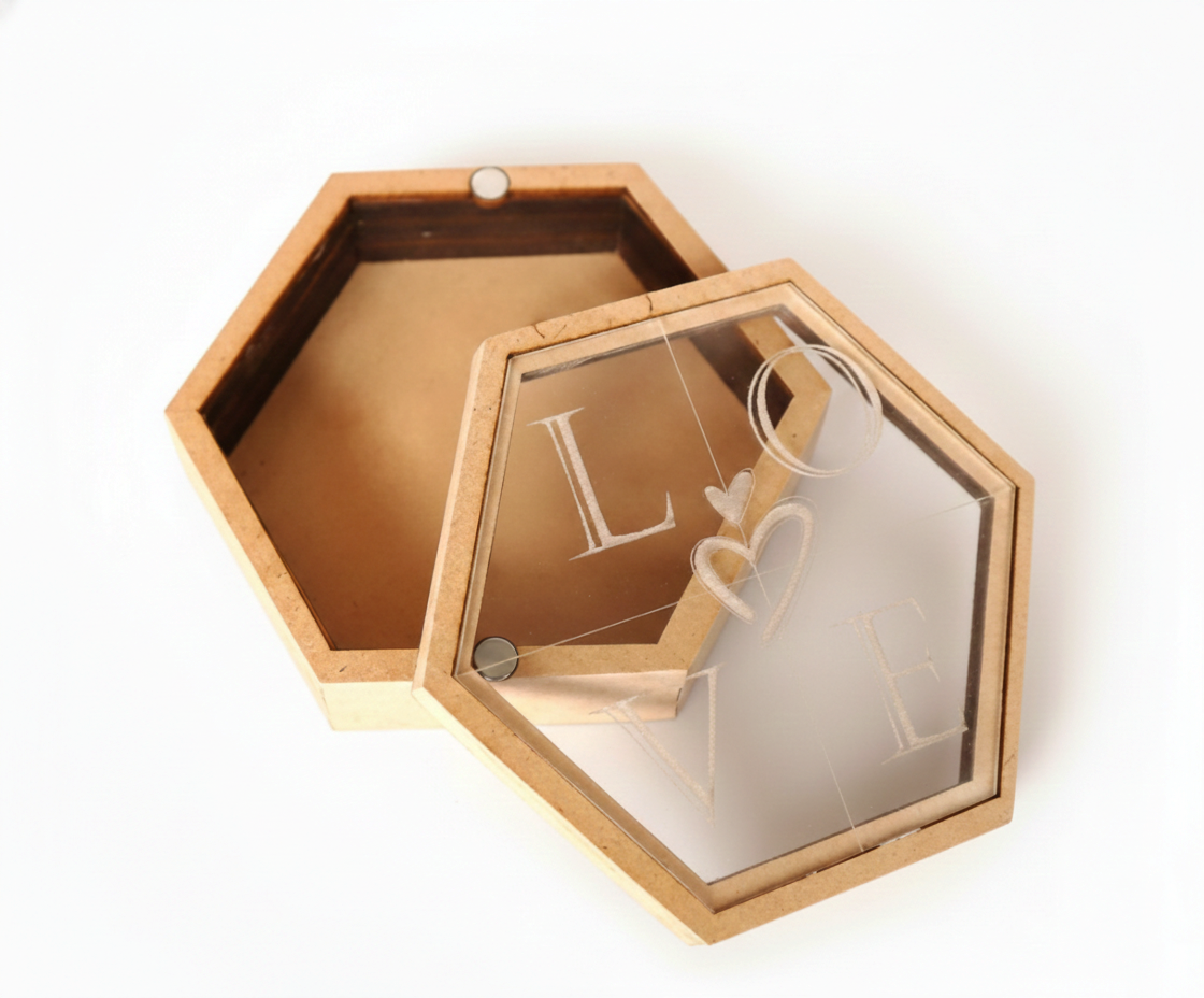 Hexagonal MDF DIY Jewellery Box with a clear lid on a white background