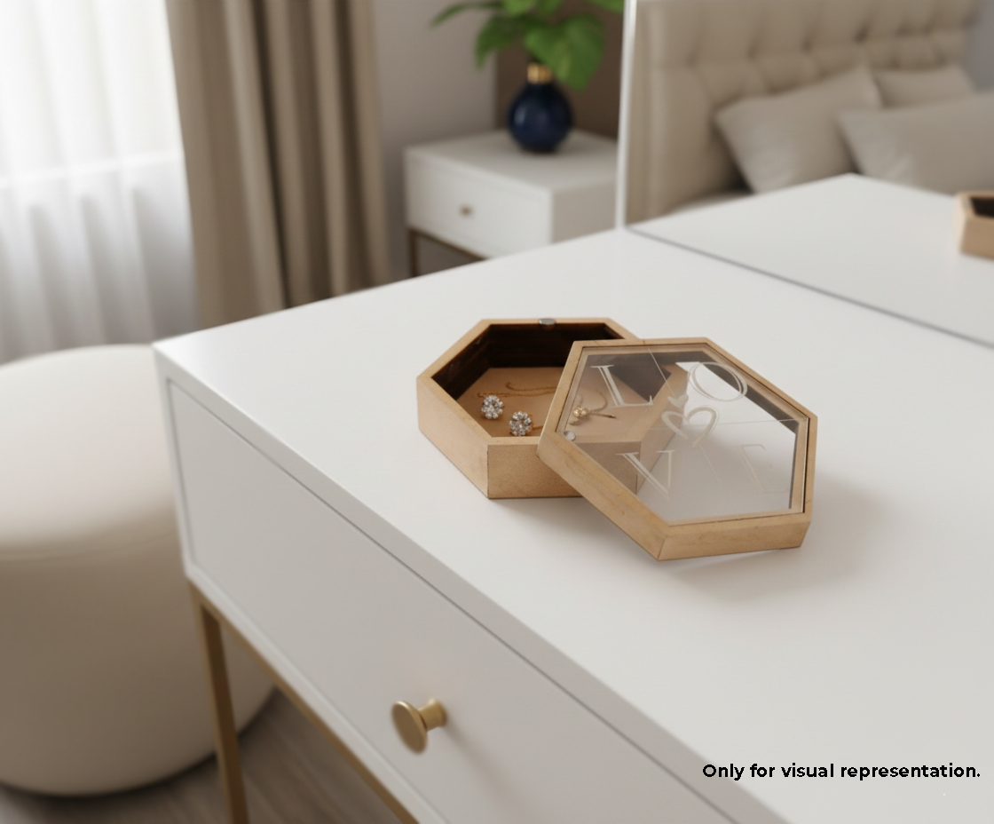 MDF DIY Jewellery Box on a white dresser with a blurred bedroom background