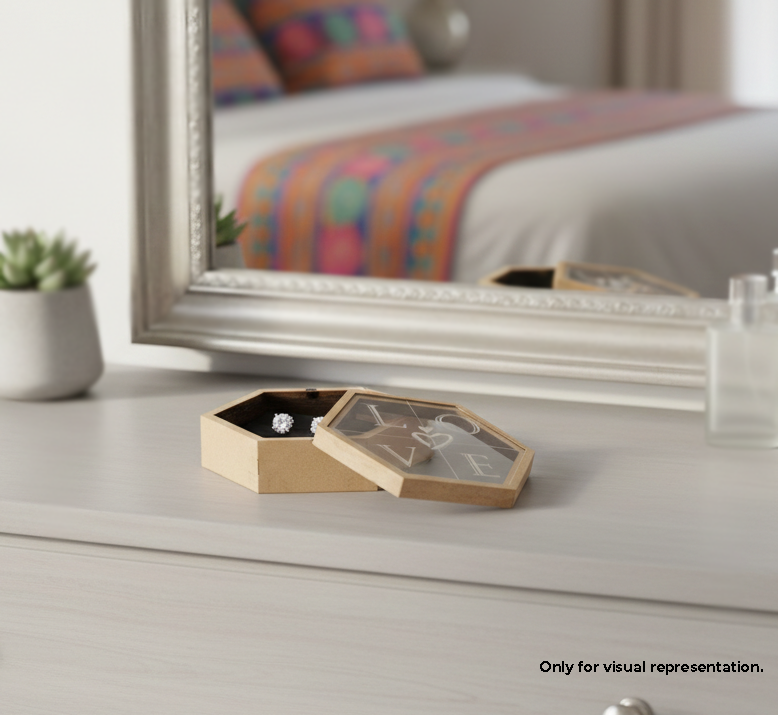 MDF DIY Jewellery Box with a ring on a dresser next to a mirror.