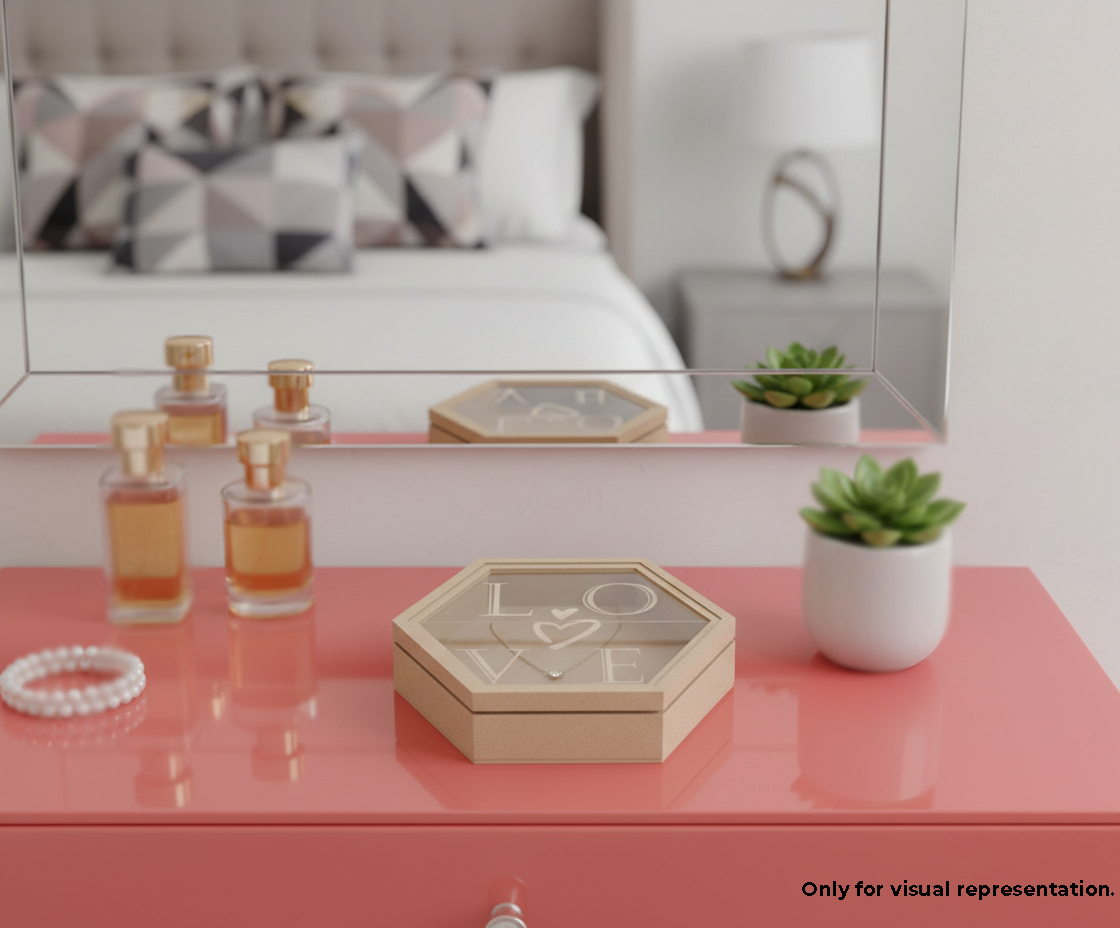 MDF DIY Jewellery Box on a pink surface including a hexagonal jewellery box, small plants, and bottles.