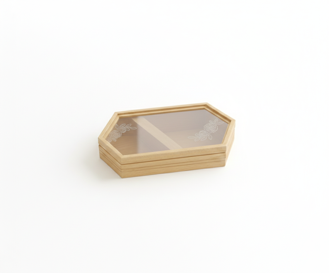 Hexagonal MDF DIY Jewellery Box with a clear lid on a white background