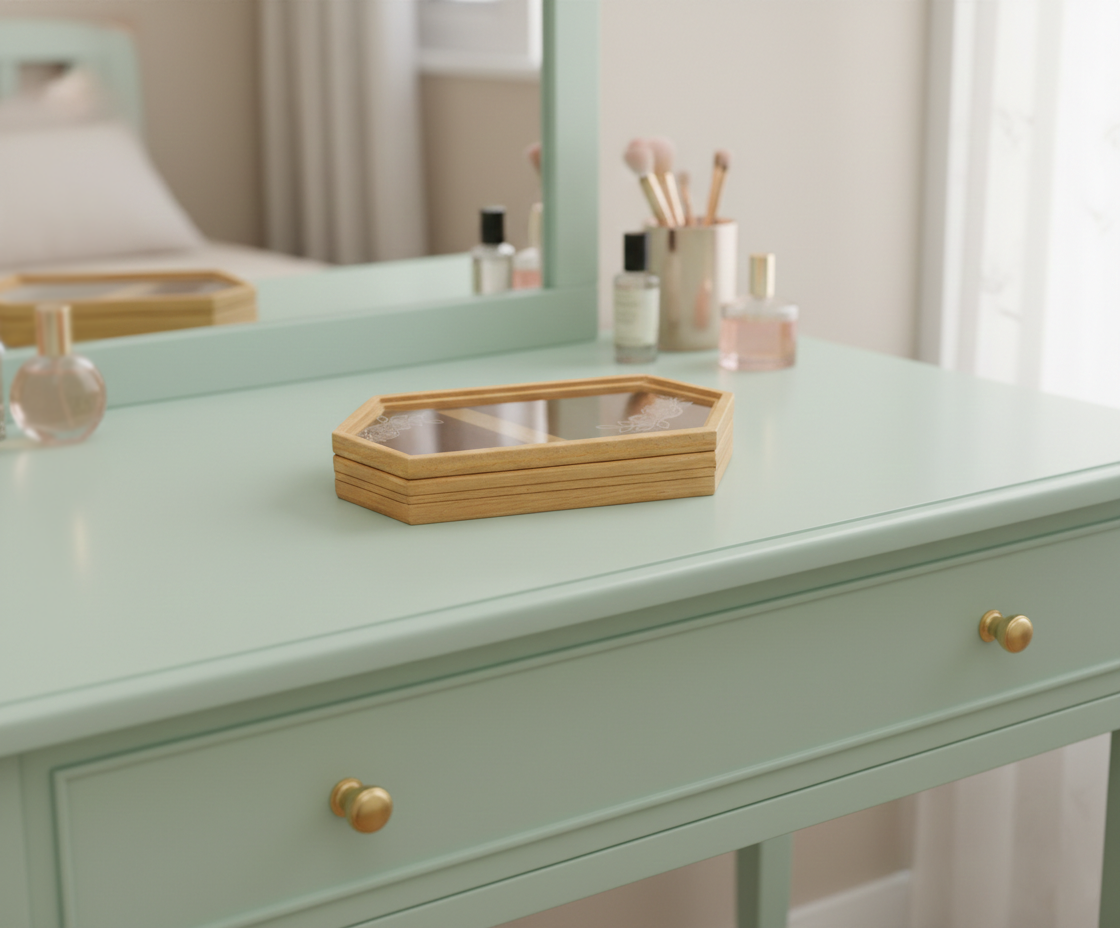 Mint green vanity table with mirror and jewelry box in a softly lit room.