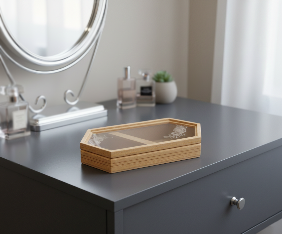 MDF DIY Jewellery Box on a dresser with decorative items in the background