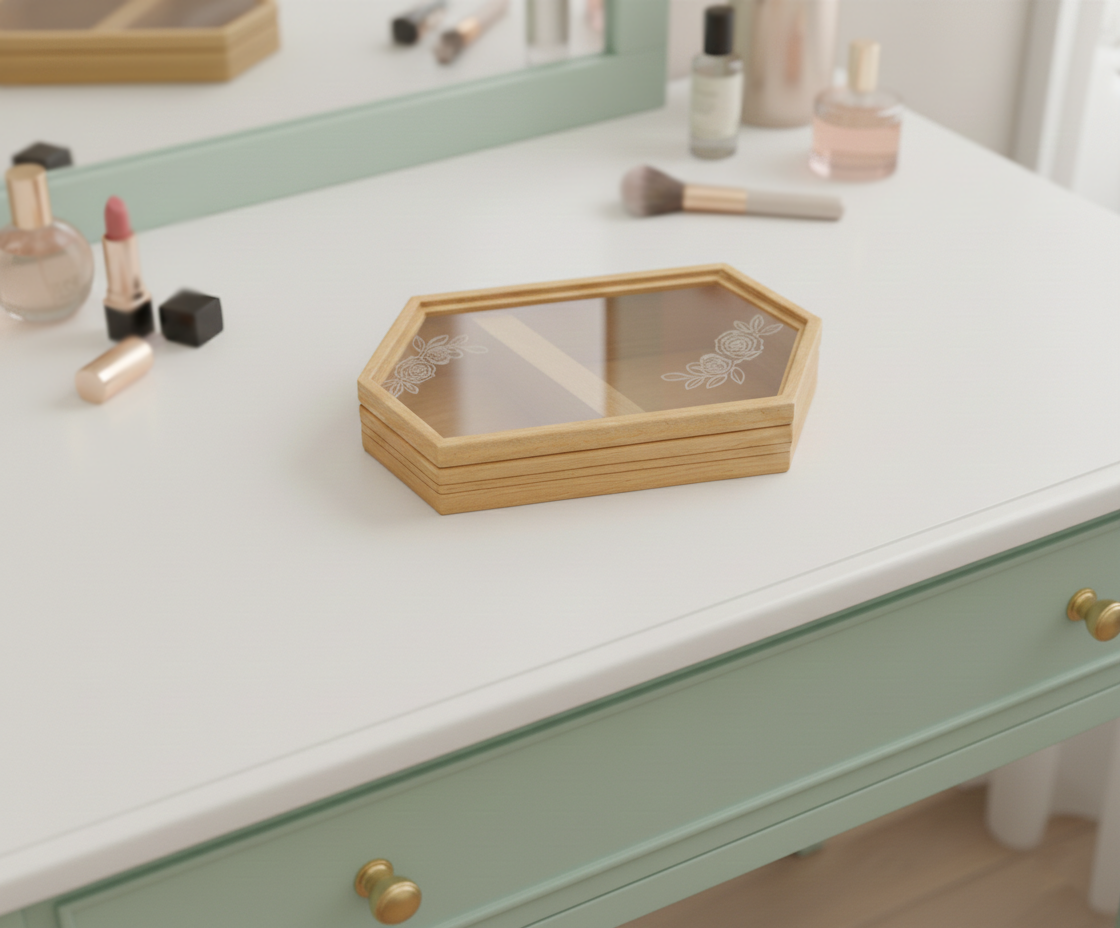 Stack of hexagonal MDF DIY Jewellery Box on a vanity with makeup items.