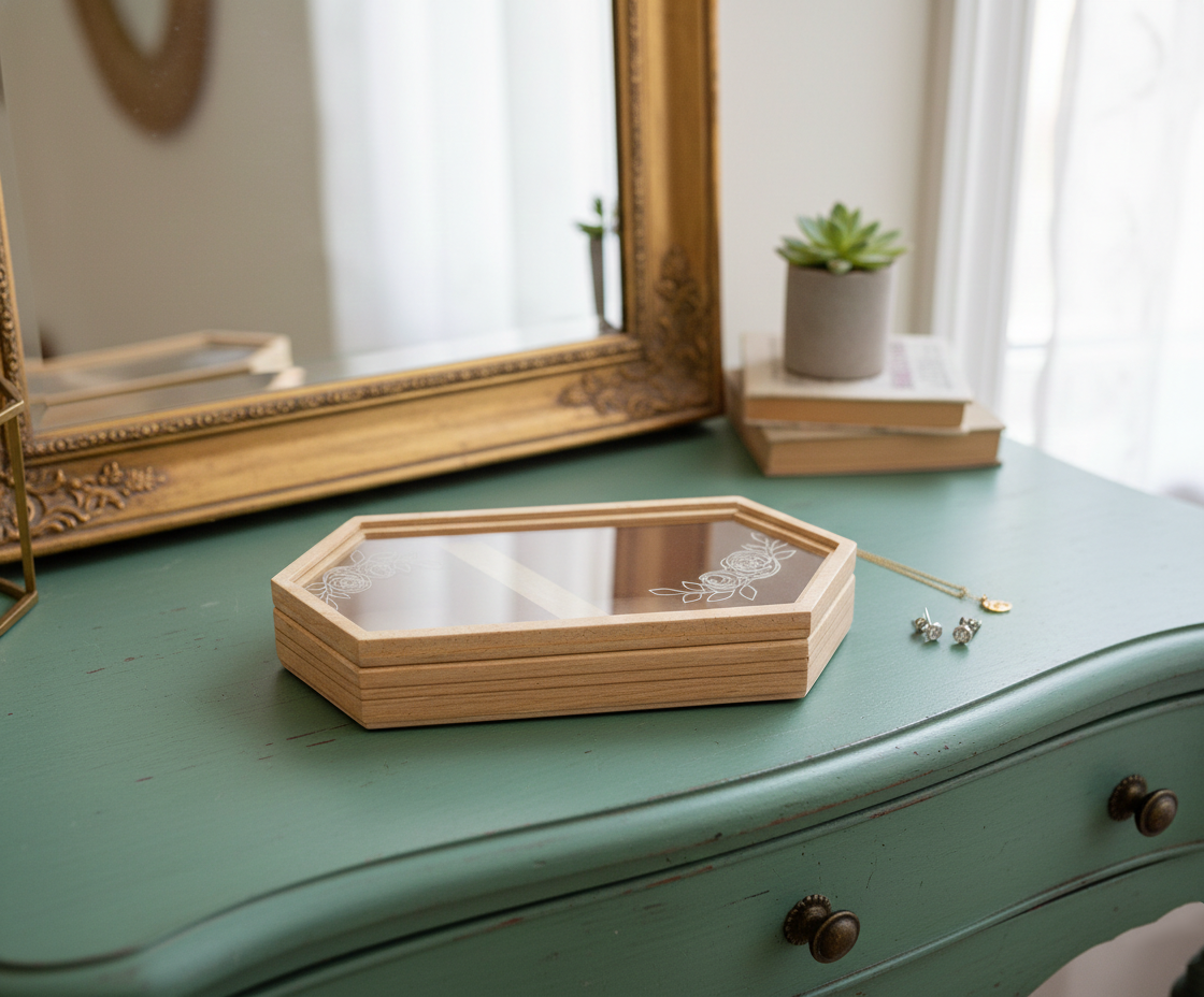 MDF DIY Jewellery tray on a green dresser with a mirror and plant in the background