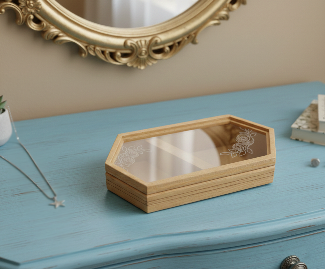 MDF DIY Jewellery Box with glass lid on a blue surface, ornate mirror in the background