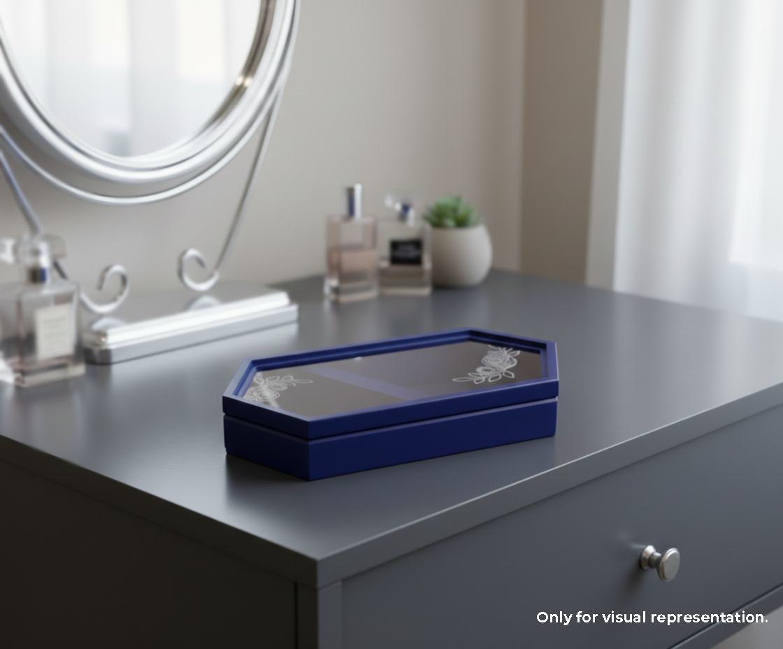 Blue MDF DIY Jewellery Box on a dresser with mirror and decor items.