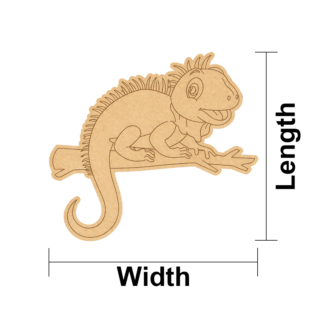 MDF DIY  Iguana shaped cutout with measurements on a white background
