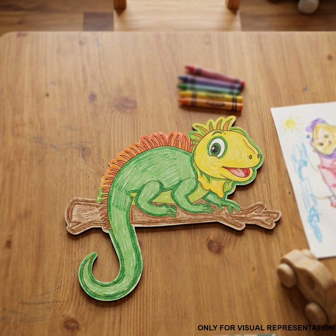 Colorful MDF DIY  Iguana on a wooden table with crayons and a child's drawing.
