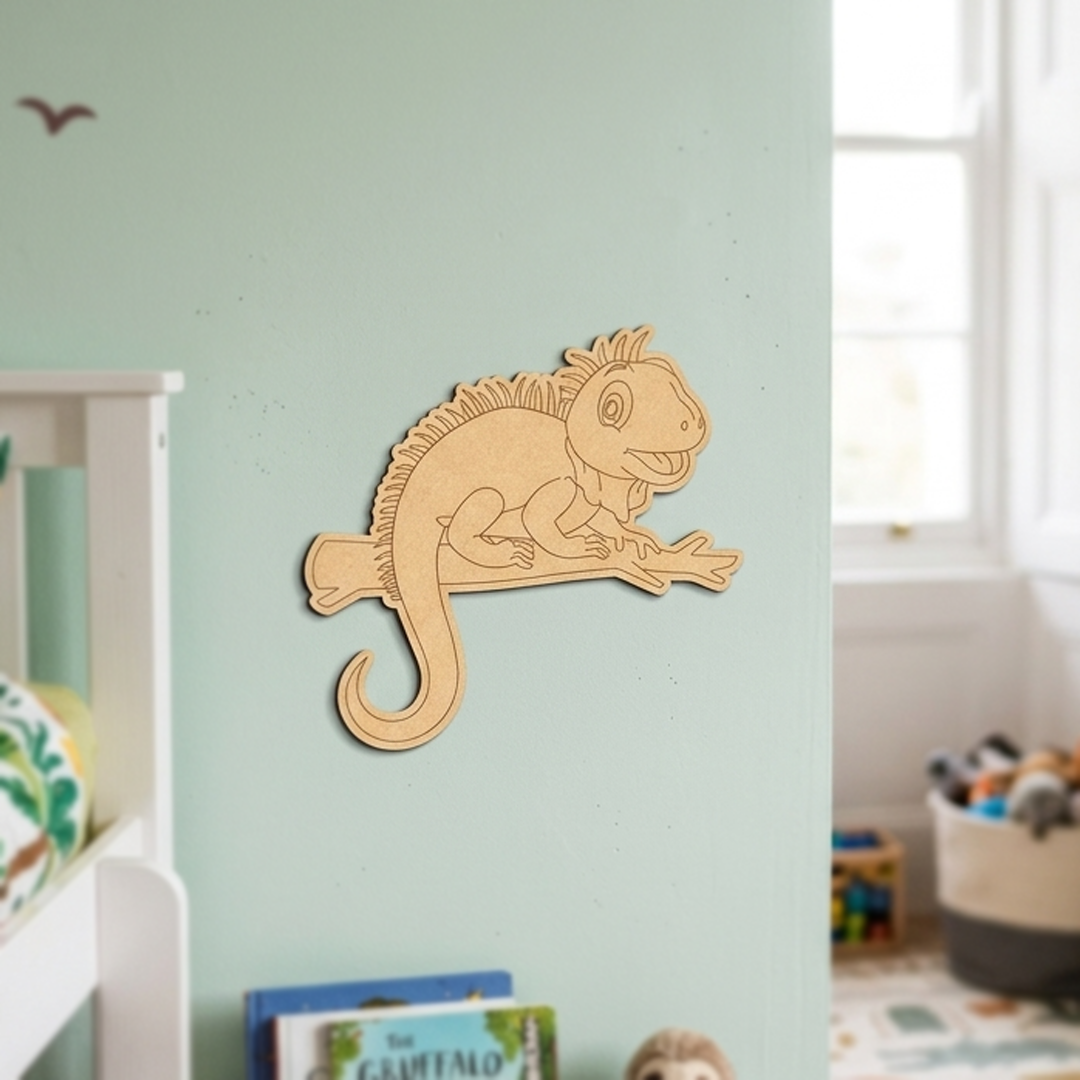  MDF DIY  Iguana wall decoration in a child's room with books and toys.