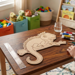 MDF DIY  Iguana wall decoration in a child's room with toys and a teepee.