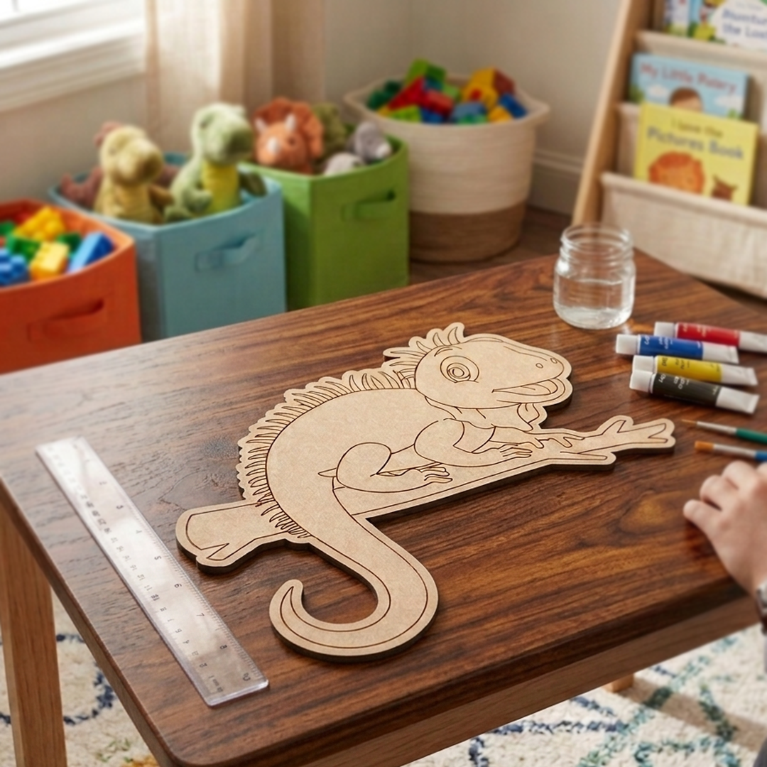 MDF DIY  Iguana wall decoration in a child's room with toys and a teepee.