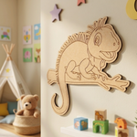 MDF DIY  Iguana wall decoration in a child's room with toys and a teepee.