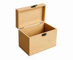 Beige MDF jewellery box with a lid on a white background