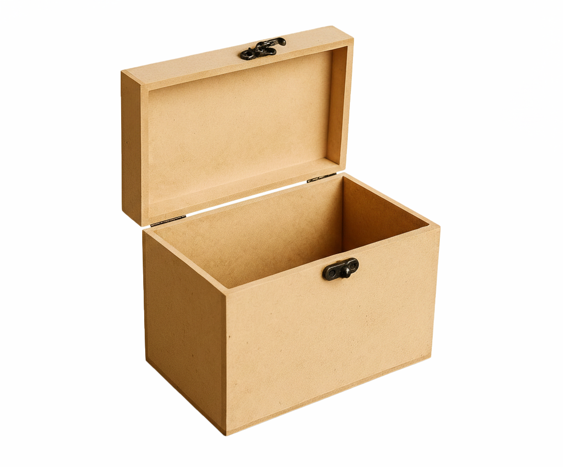 Beige MDF jewellery box with a lid on a white background